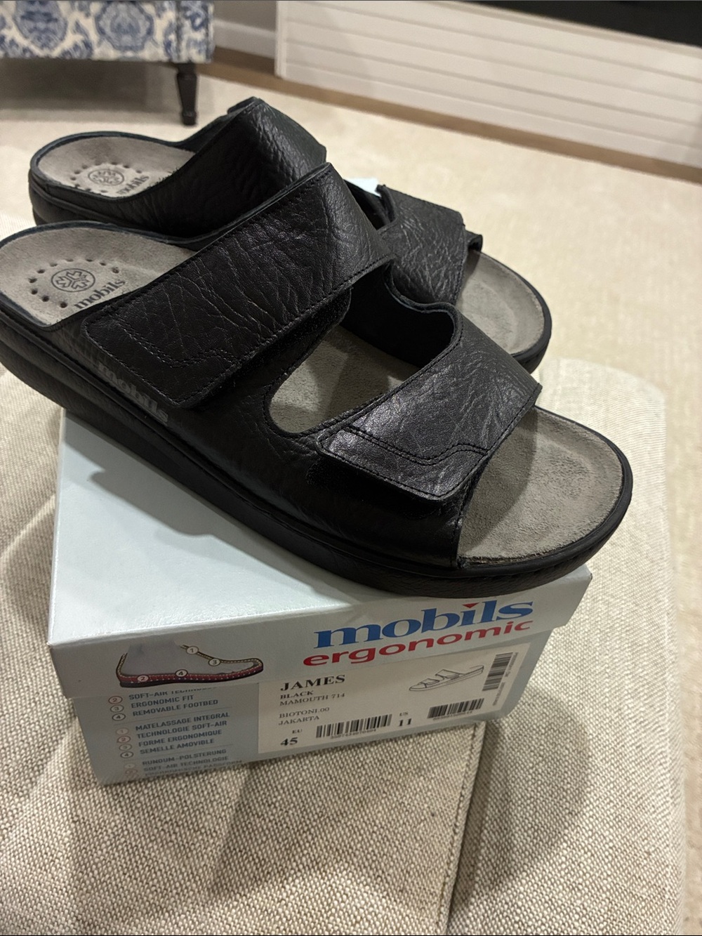 Mephisto Black Leather Double-Strap Slide Sandals